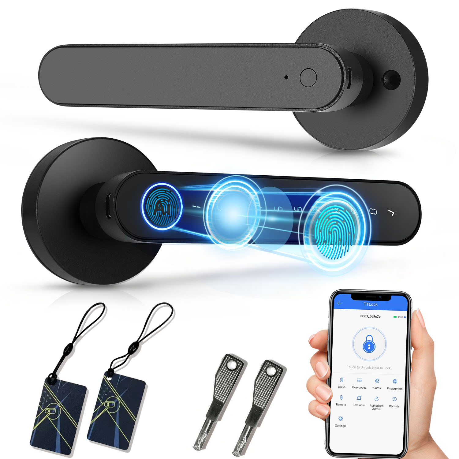 Smart Home Technology - TTlockアプリ 指紋認証スマートロック RFIDカード 電子ドアロック メカニカルキーによる解錠 家庭用木製ドア用