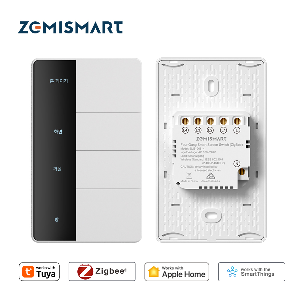 Smart Home Hub Matter - 1234 Gang USタイプZigbeeプッシュライトスイッチZemismartインタラプタ（ニュートラル配線不要）Tuya Homekit SmartThings対応（Matterハブ経由）
