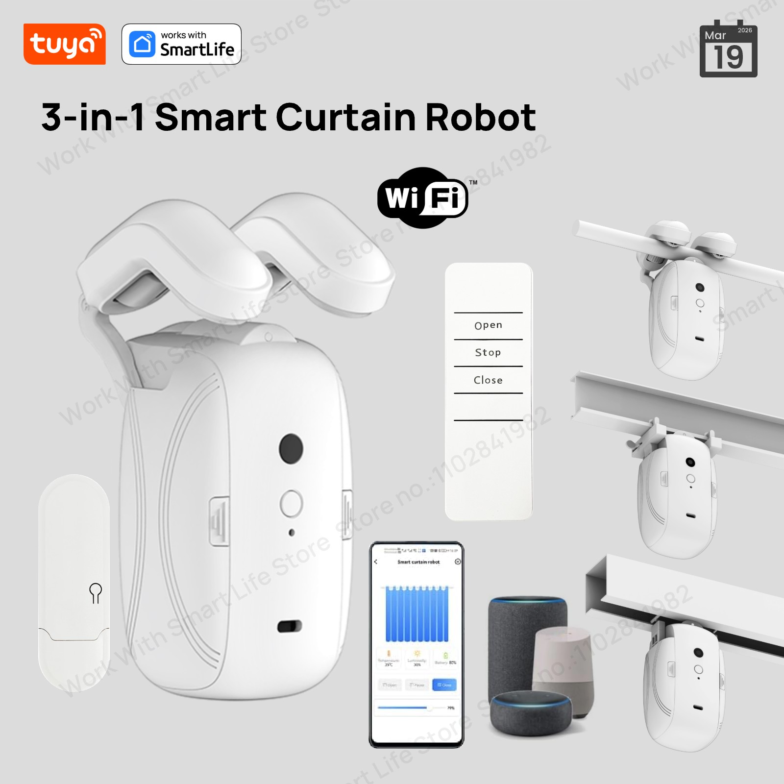 Smart Curtain Robot - 1/2個入り Tuya スマートWiFiカーテンロボット (1個はハブ付き) ローマンロッドトラック用 -